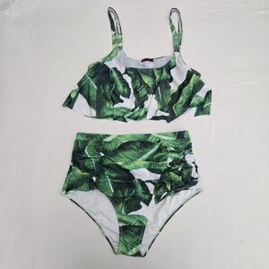 Avidlove New Nwt Bikini High Waist Flounce Top Tropical Leaf Print Green XXL
